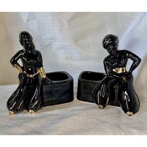 Vintage MCM Ceramic Planters Ebony & 24k Gold Set of 2 Arabian Nights Decor